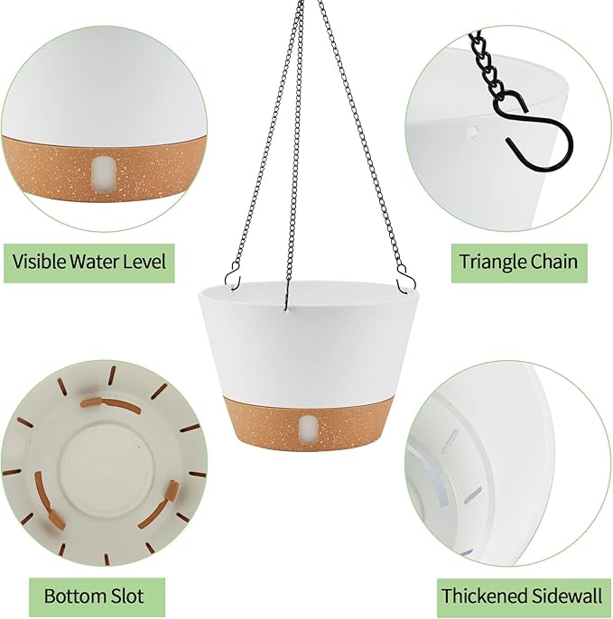 2 Pack 10 Inch Hanging Planters for Indoor Outdoor Plants, Hanging Plant Flower Pot Basket with Drainage Hole with Removable Tray&Hooks Self Watering Plant Pot for Hanging Plants, White