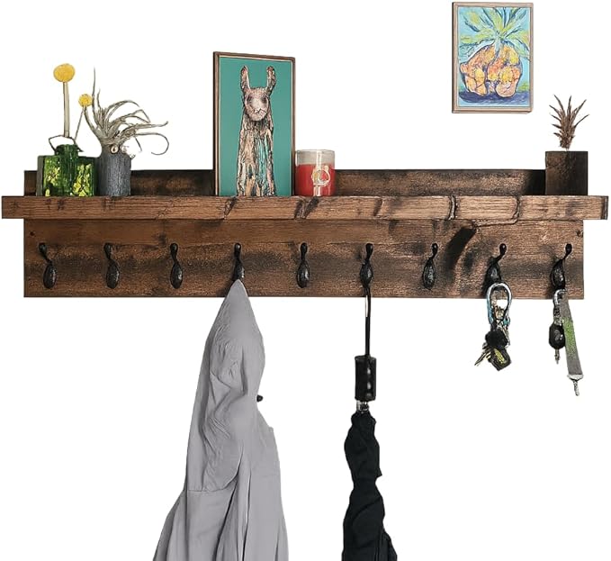 Coat Rack with Shelf Wall Mounted with Storage (Choose Your Length) Towel Rack Entryway Organizer Key Hooks (32" L (8 Hooks))