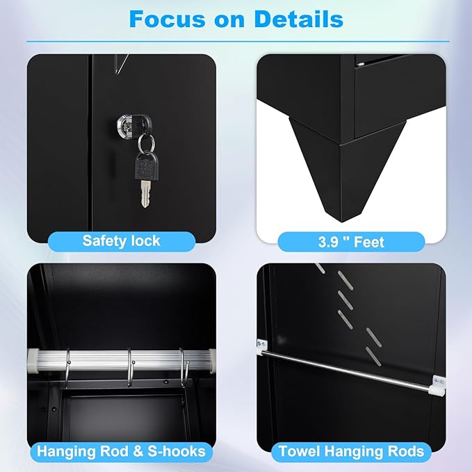 75" Metal Storage Cabinet, Tool Cabinets with Hooks, Garage Storage Cabinet with Lock, Heavy-Duty Tool Cabinet for Utility Room, Gym, Basement, Broom Closet Cabinet, Black