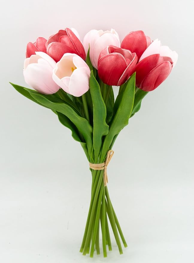 Buart Artificial Tulip in Bulk for Home Kitchen Wedding Bridal Bouquet,Fake Flowers for Valentine's Day Mother's Day Easter Table Centerpieces Decorations(Large Size,Multi Pink,Real-Touch,12pcs)