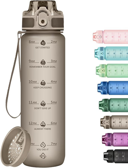 32oz Motivational Water Bottles with Time Marker & Fruit Strainer, Transparent Gradient Color Water Bottle with Times to Drink, Leakproof & BPA Free, Reusable Bottle with Strap (No Straw)