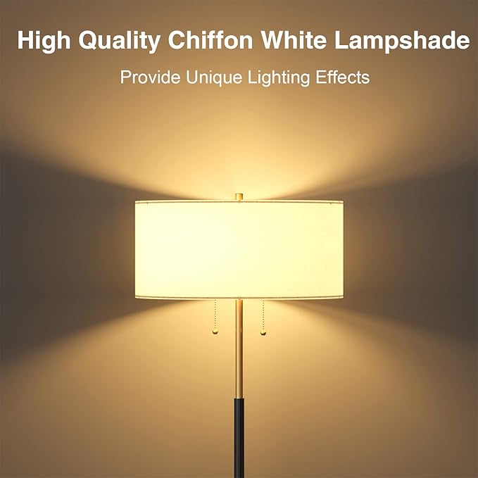 2-Light Floor Lamp, Mid Century Floor Lamp with White Fabric Shade, Standing Lamp Tall Lamp for Living Room Bedroom, 3 Color Temperatures 9W Bulb Include