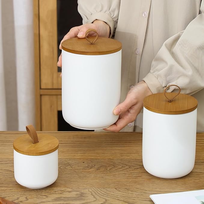 Ceramic Storage Jars, Modern Elegant Highly Polished Airtight Gorgeous Storage Canisters with Wooden Lid Small Food Stroage Jar for Kitchen Spice Tea Vanilla Sugar Coffee Beans (White tuba)