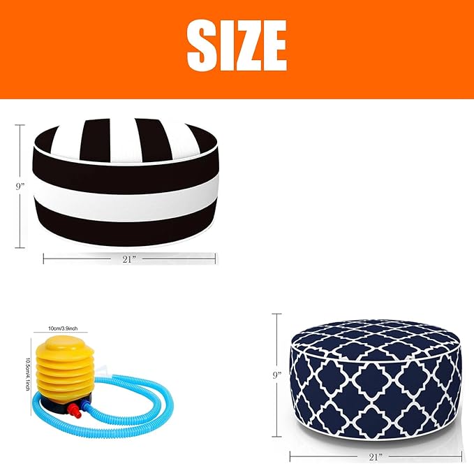 2 Pcs Outdoor Pouf, D21”x H9” Waterproof Outdoor Inflatable Ottoman with Foot Pump, Portable Patio Pouf for Garden Camping or Home Use