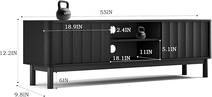 Black Mid Century Modern TV Stand, Wood Fluted Living Room TV Stands with Storage Sliding Doors, Desert-Inspired Design MCM Entertainment Center for 55 60 65 70 75 55+ 60+ 65+ 70+ Inch