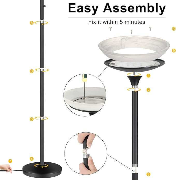 BoostArea Torchiere Floor Lamp, 30W Super Bright LED Standing Lamp, Stepless Dimmable Pole Lamp with 3000K Lighting, Rotary Switch, 70 Inch Tall Metal Modern Floor Lamps for Living Room/Bedroom Black