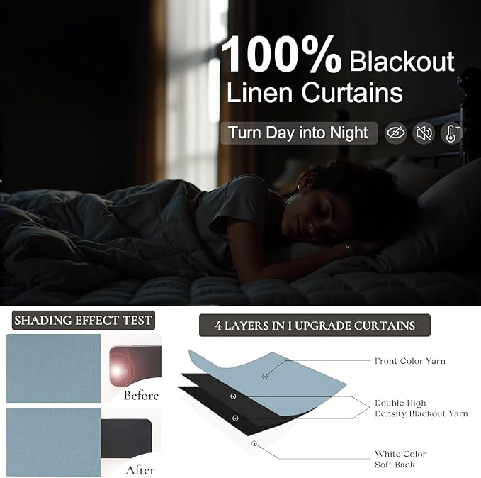 100% Blackout Curtains 90 Inches Long for Living Room 2 Panels Set Light Blocking Heat Darkening Energy Saving Curtain Window Coverings Coastal Beach Linen Farmhouse Drapes Bedroom Stone Blue Chambray