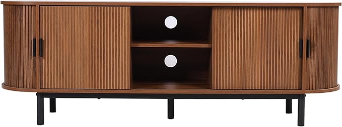 62" Tambour Door TV Stand,Wood Mid Century Modern TV Cabinet for Up to 70“ TV,Curved Edge Long TV Stand with Storage for Bedroom Living Room(Walnut, 62.2inch)