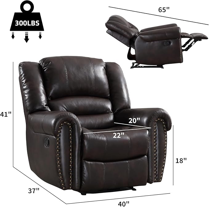 CANMOV Leather Recliner Chair, Classic and Traditional Manual Recliner Chair with Comfortable Arms and Back Single Sofa for Living Room, Dark Brown