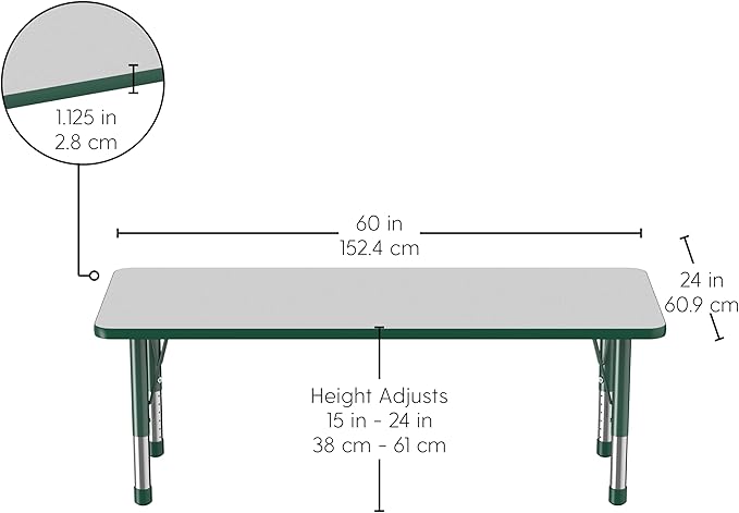 Factory Direct Partners FDP Rectangle Activity School and Classroom Kids Table (24 x 60 inch), Chunky Toddler Legs, Adjustable Height 15-24 inches - Gray Top and Green Edge