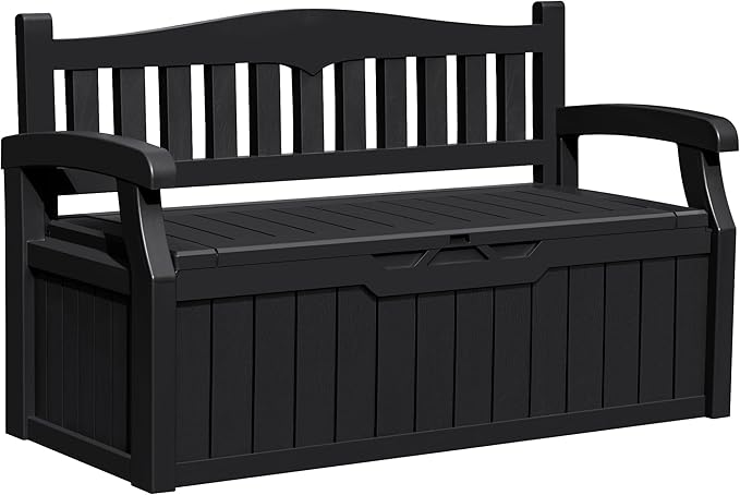 Greesum 80 Gallon Outdoor Storage Bench, Resin Patio Furniture with Armrest,Waterproof and UV-Resistant, Perfect to Garden, Poolside and Lawn, Dark Black