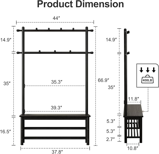 Coat Rack with Shoe Storage, Wooden Hall Tree with Bench, 11 Hooks and 2-Tier Storage Shelves, 3-in-1, Entryway Bench with Coat Rack (39.3"-Black)