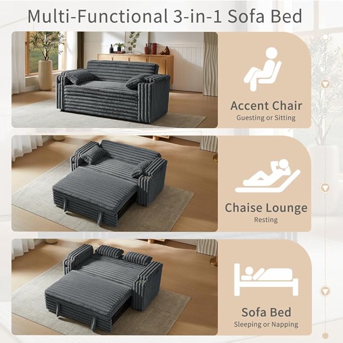 68.11" Corduroy Convertible Sofa Bed with USB Charging Port, Foldable Sleeper Chair with Pillows & Armrests, 3-in-1 Floor Couch for Living Room, Bedroom, Guest Room – Dark Gray