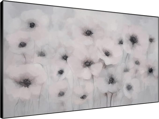 46"x72" Extra Large Framed Wall Art Soft White Poppies Watercolor Floral, Delicate Botanical for Home Living Room Bedroom Decor (Frame Assembly Required)