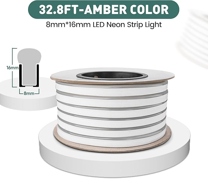 GZBtech Flexible LED Neon Rope Lights 33FT,AC 110-120V Waterproof Strip Light, 120 LEDs/M Cuttable Connectable Neon Lighting for Indoor Outdoor Home Decor/Commercial Building Use-Amber 10M