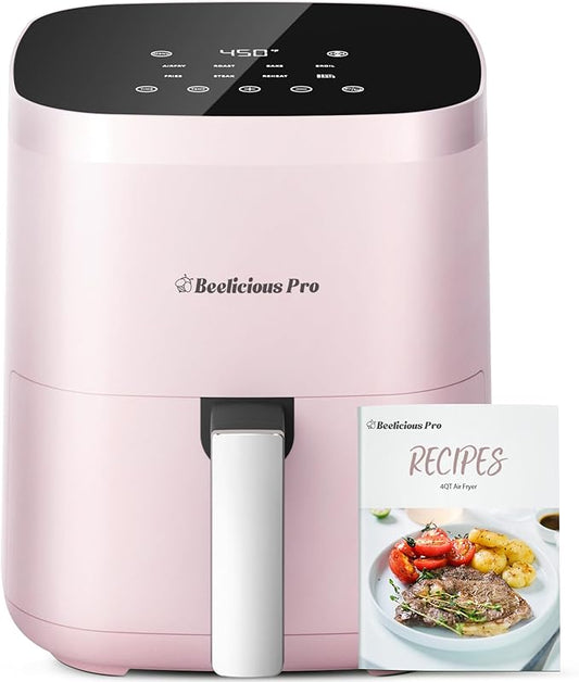 Air Fryer, Beelicious 8-in-1 Smart Compact 4QT Air Fryers, Shake Reminder,450°F Digital Airfryer with Flavor-Lock Tech, Tempered Glass Display, Dishwasher-Safe & Nonstick, Fit for 1-3 People, Pink