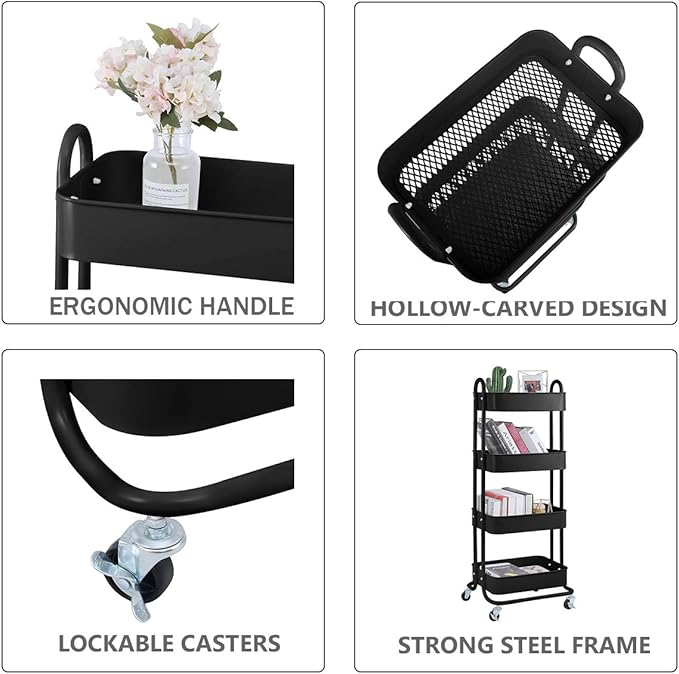 4-Tier Metal Mesh Utility Rolling Cart Storage Organizer Shelf Rack with Lockable Wheels for Living Room Kitchen Office, Black