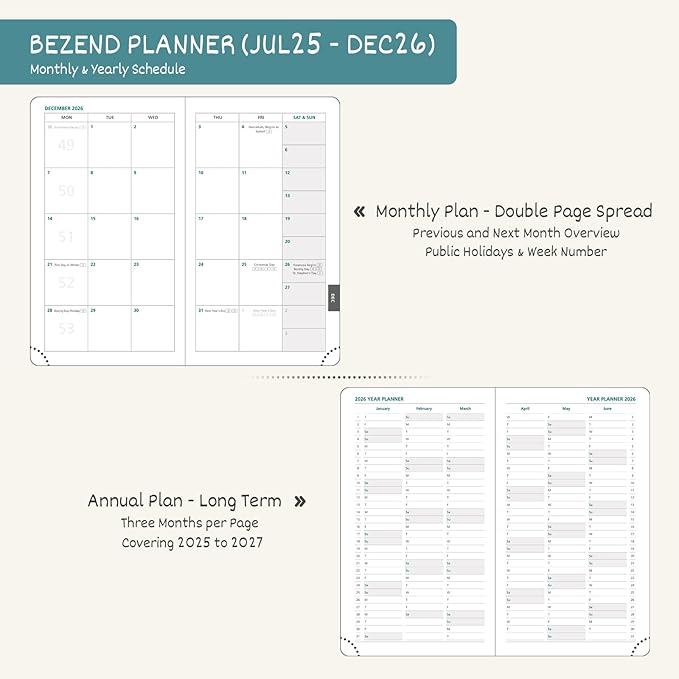 BEZEND Pocket Planner 2025-2026 Weekly and Monthly, 3.5" x 6" Academic Planner (Jul 25-Dec 26) 18-Month Mid-Year Calendar Book, Storage Pocket, Pen Holder, PU Leather Hardcover - Cornflower