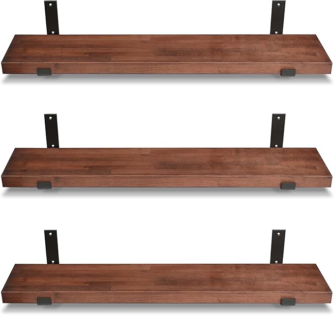 CONSDAN Floating Shelves for Wall Mounted Book Shelf Hanging Shelves Floating Bookshelf for Bedroom, Bathroom, Living Room, Kitchen USA Grown Solid Hardwood, Dark Maple 30x7.5x1.5 in (Set of 3)