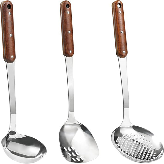 FJNATINH Stainless Steel Wok Spatula,Ladle,Skimmer Ladle Tool Set,Mirror Polished Cooking Utensils with Wooden Handle,Easy to Clean Wok Accessories,Sliver 3 PCS