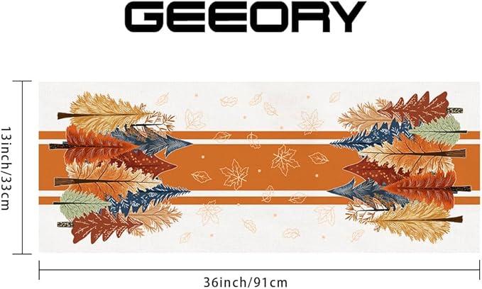 GEEORY Fall Watercolor Tree & Maple Leaves Striped Table Runner 13x36 Inch, Rustic Farmhouse Autumn Thanksgiving Decor for Kitchen, Dining, Indoor/Outdoor Holiday Dinner Party Orange GT157-36