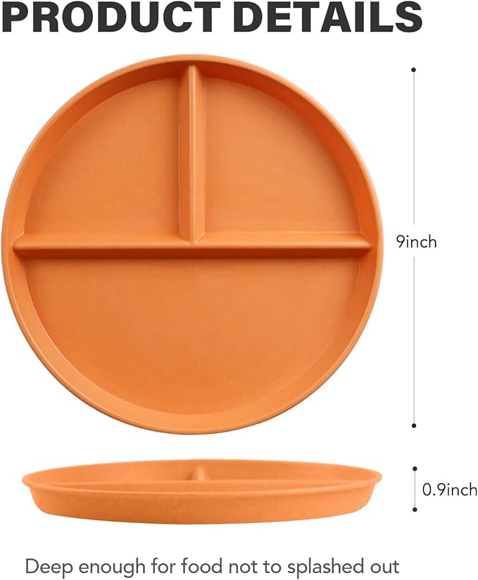 greenandlife 9 Inch 4PCS Unbreakable Portion Control Plates, Divided Plates for Kids Adults, Dishwasher & Microwave Safe Compartment Plate, Lightweight Reusable Wheat Straw Plate, BPA Free