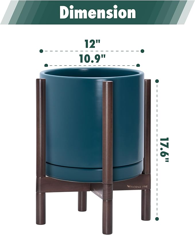 D'vine Dev Ceramic Planter with Walnut Color Stand - 12 Inch Modern Round Flower Pot with Wood Planter Holder, Teal, 55-B-W-4