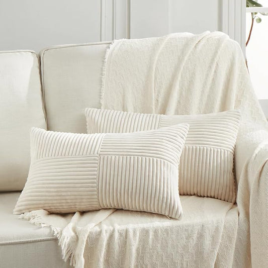 Fancy Homi 2 Packs Cream Long Lumbar Decorative Throw Pillow Covers 16x24 Inch for Couch Bed Sofa, Rustic Farmhouse Boho Home Decor, Soft Striped Corduroy Rectangle Accent Cushion Case 40x60 cm