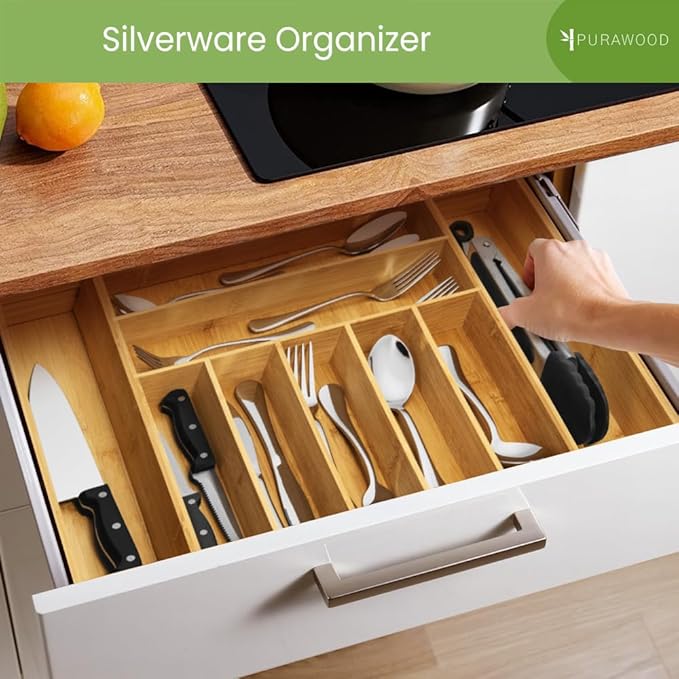 Bamboo Drawer Organizer, 2 Pack - Expandable Silverware Organizer & Utensil Drawer Organizer, Cutlery Tray with Dividers, 7-9 Slots- Premium Kitchen Organizer for Utensils & Flatware (Natural)