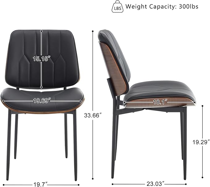 BV Mid Century Modern Dining Chairs Set of 4, Upholstered Pu Leather Armless Accent Chair with Walnut Bentwood Back, Retro Kitchen Chair for Dining Room, Living Room, Kitchen, Black