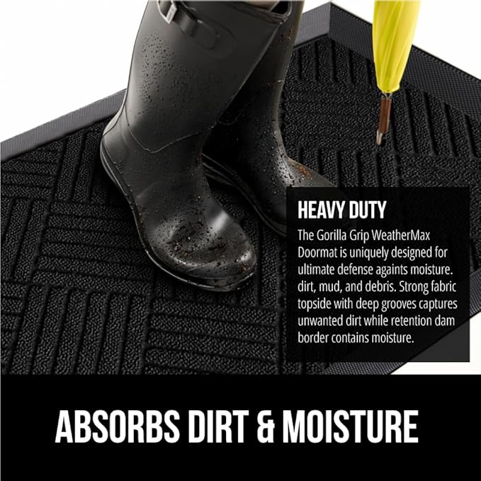 GORILLA GRIP 100% Waterproof All-Season WeatherMax Doormat US Designed Natural Rubber, Stain and Fade Resistant, Low Profile Indoor Outdoor Door Mats, Easy Clean Patio Mat, 17x29, Black Diamond