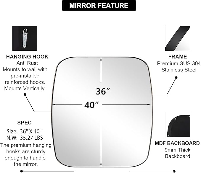 ANDY STAR Bronze Oblong Mirror, 36x40 Inch Brushed Bronze Oval Mirror for Bathroom with Stainless Steel Metal Frame, Wall Mouned for Bathroom, Living Room, Entryway