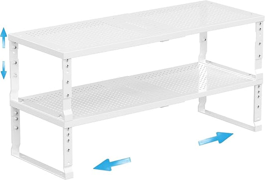 Expandable Spice Rack Kitchen Cabinet Shelf Organizer, Stackable Storage Shelves Racks, Adjustable Counter Shelving for Cabinets, Countertop, Cupboard,Pantry and More(2Packs/White/Large)