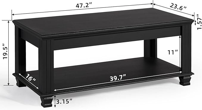 Farmhouse Coffee Tables for Living Room,Square Tea Table with Open Storage Shelf,Large Coffee Table,Rustic Wooden Center Table,Black