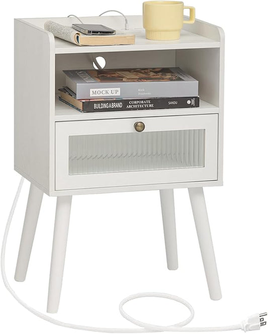 AWASEN White Nightstand with Charging Station, Modern Bedside Table with Glass Decorative Drawer, Small End Side Table with 2 Tiers Storage Space, for Bedroom, Office and Small Space(White)