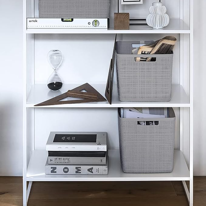 Curver Set of 4 Jute Large Cube Decorative Plastic Organization and Storage Baskets, Perfect Bins for Home Office, Closet Shelves, Kitchen Pantry and All Bedroom Essentials, Grey