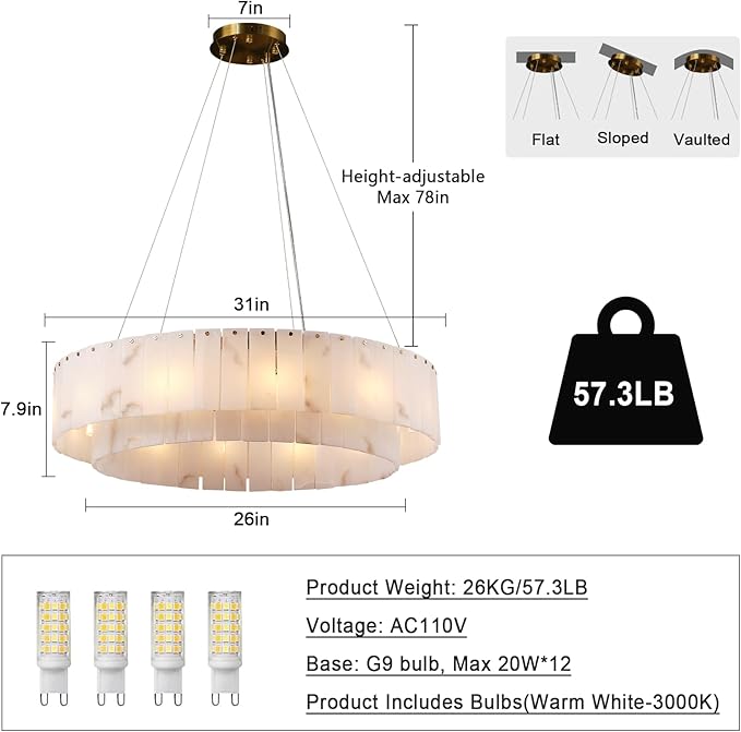 Alabaster Round Chandelier, D31in Modern Dining Room Chandeliers, Marble Pendant Lights Kitchen Island, Drum Chandelier for Dining Room Light Fixture, Living Room, Bedroom Lights, Foyer, Kitchen
