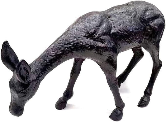 Cast Iron Deer Sculpture（11.4" Tall）, Realistic Lawn Garden Decor Statue, Lifelike Grazing Deer Figure, Outdoor/Indoor Decorative Art, Metal Animal Ornament HC3672