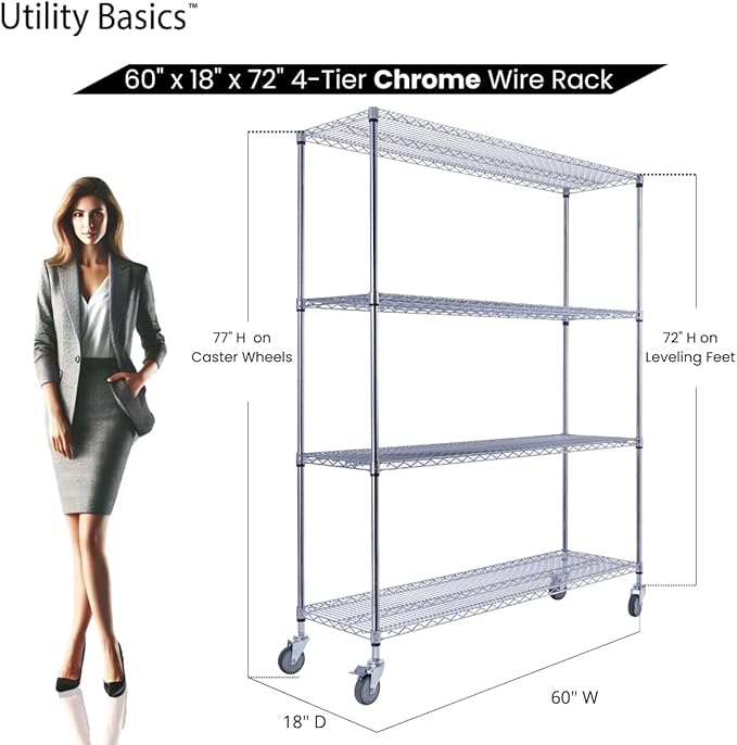 60"x18"x72" Chrome Premium Metal Steel Wire Shelving 4-Tier NSF 3200 LBS MAX Capacity Heavy Duty Storage Rack for Garages, Commercial Spaces, Hospitals, & Schools w/Premium Wheels
