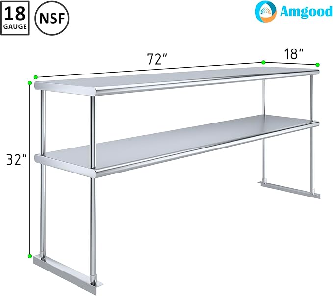 AmGood Stainless Steel Double-Tier Shelf | Work Table Overshelf | NSF Certified | Fits Over Tables | Many (72 in. Long x 18 in. Deep)