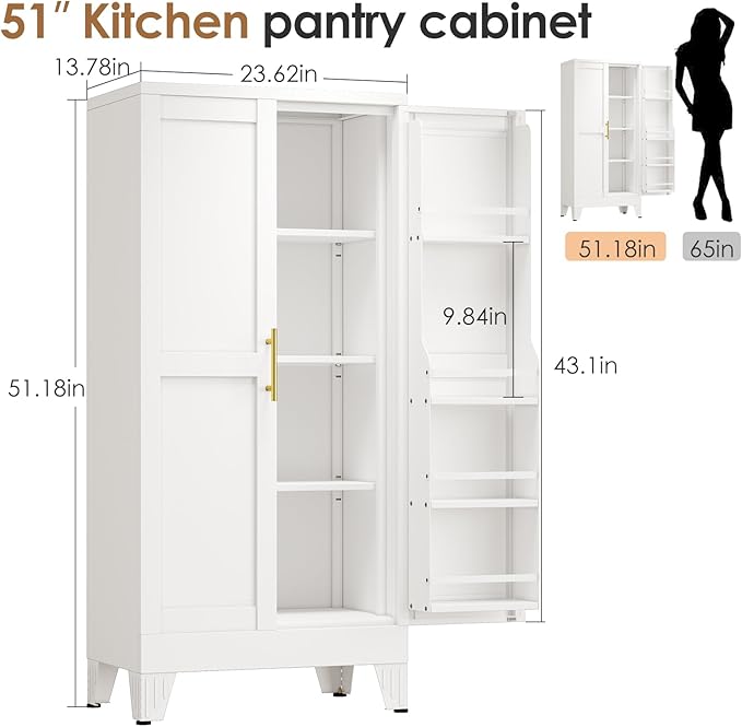 51" Kitchen Pantry Cabinet, Metal Storage Cabinet with 3 Adjustable Layer Shelves, 8 Door Shelves, Buffet Sideboard for Living Room, Kitchen, White