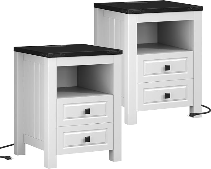 Apicizon End Table Set of 2, Farmhouse End Tables with Charging Station, Nightstand with Drawers and Storage Cabinet, Small Coffee Table for Small Spaces, Sofa Side Table for Living Room, Bedroom