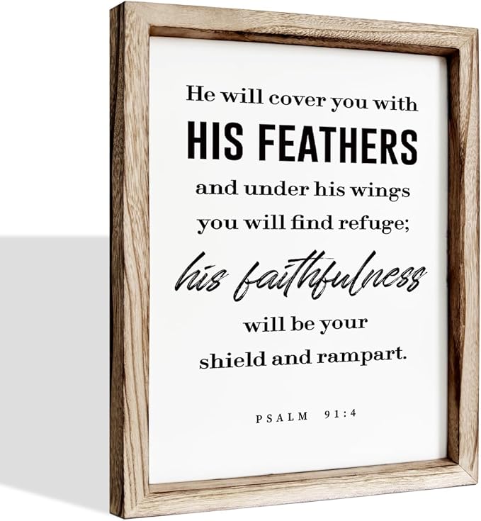 Christian Decor Signs, Framed Wall Plaque Sign 15 * 11.5 inches, Religious Home Decor, Inspirational Christian Gift for Him, He will Cover You with His Feathers Sign