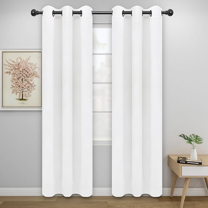 Easy-Going Blackout Curtains for Bedroom, Solid Thermal Insulated Grommet and Noise Reduction Window Drapes, Room Darkening Curtains for Living Room, 2 Panels (34x72 in, White)
