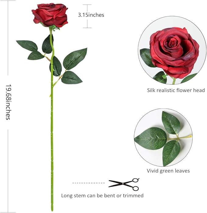 Burgundy Fake Roses Artificial Flowers - 10 Pcs Fake Artificial Roses Silk Flowers with Stems for Home Wedding Hotel Office Centerpiece Decor（Burgundy）