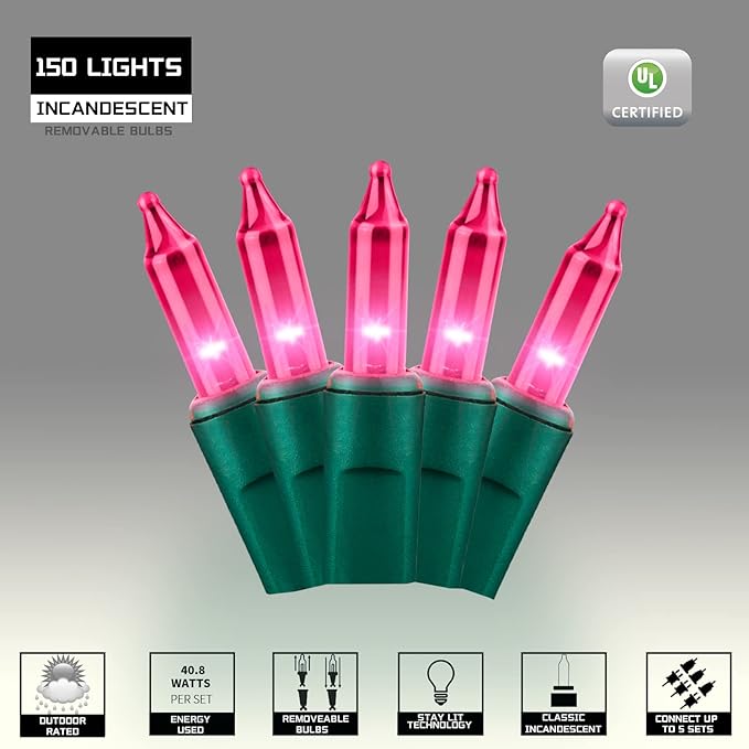 150LIGHTS PINK Extra-Bright With End Connectors Christmas Decorative Lights 9.72m UL Certified Mini String Light Set Waterproof for Home Garden Holiday Christmas Tree Party Patio Decor Wedding