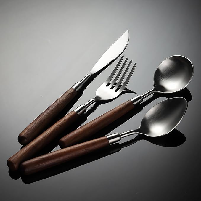 Flatware Set Wood Silverware Set for 12, Cutlery 18/8 Stainless Steel Home Kitchen Utensils Include Knifes Forks and Spoons Tableware Set Durable Dishwasher Safe 48 Piece