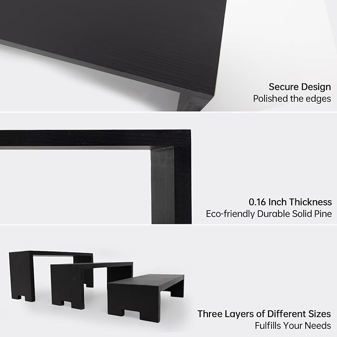 Display Wood Risers Wooden Stand 3 Tier Black Wood Racks Decorative Rectangular, 2 Set 6 Piece Cupcake Stands Cologne Perfume Organizer Dessert Showcase(Black)