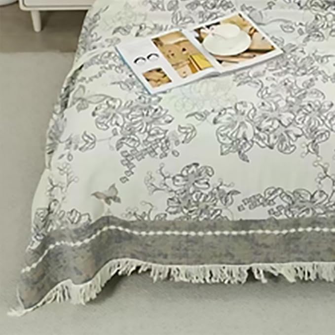 Boho Muslin Blanket for Adults 4-Layer Gauze Twin Size Soft Cozy 100% Cotton Summer Cooling Blanket Floral Decor for Sofa Bed Coverlet Both Sides (Tassels Floral Grey, 80 x 90 in)
