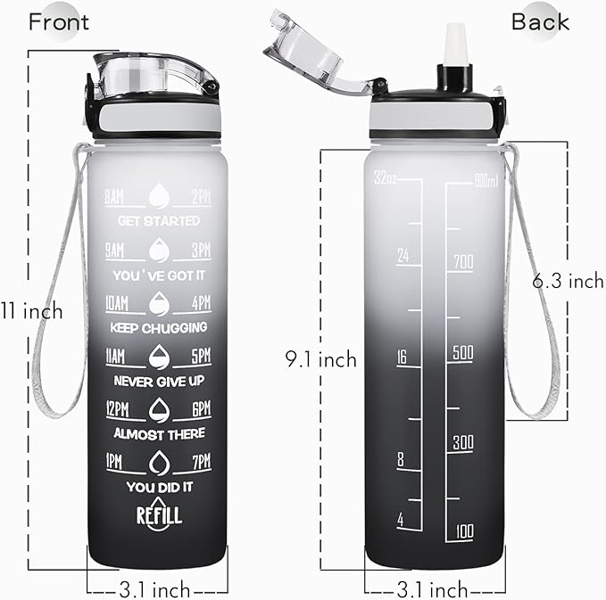 Enerbone Water Bottle, Leakproof BPA & Toxic Free, Motivational Water Bottle with Times to Drink and Straw, Fitness Sports Water Bottle with Strap for Office, Gym, Outdoor Sports